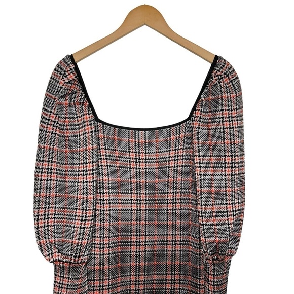 Zara Womens Houndstooth Puff Sleeve Mini Dress Size Large Orange Black - Picture 3 of 6